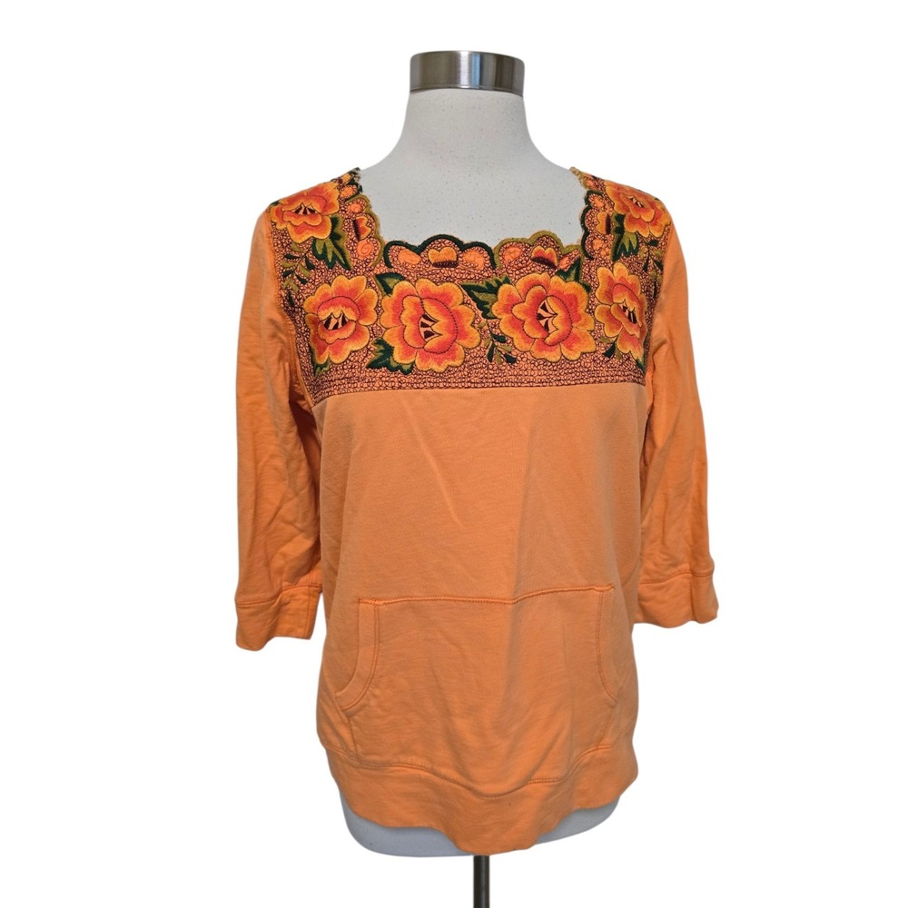 Lucky Brand Womens Embroidered Sweatshirt Size Large Bright Orange Floral